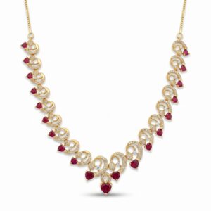 Ruby Heart Elegance necklace featuring heart-shaped ruby red gemstones and sparkling accents