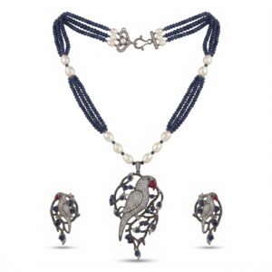 Royal Sapphire Parrot Heritage necklace set with blue beads, pearls, and matching earrings