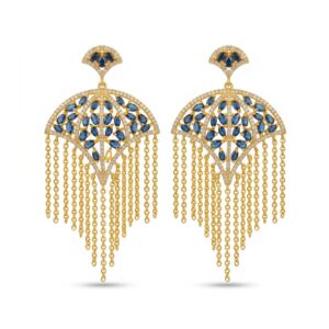 Royal Sapphire Cascade Statement Earrings with Blue Sapphires and Gold Chain Tassels