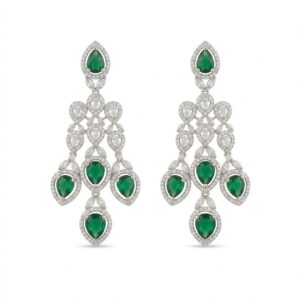 Luxury emerald chandelier earrings with pear-shaped green gemstones and diamond detailing