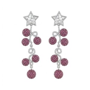 Stellar Bloom ruby pavé chandelier drop earrings with star stud tops and swirling diamond vine tendrils on white background
