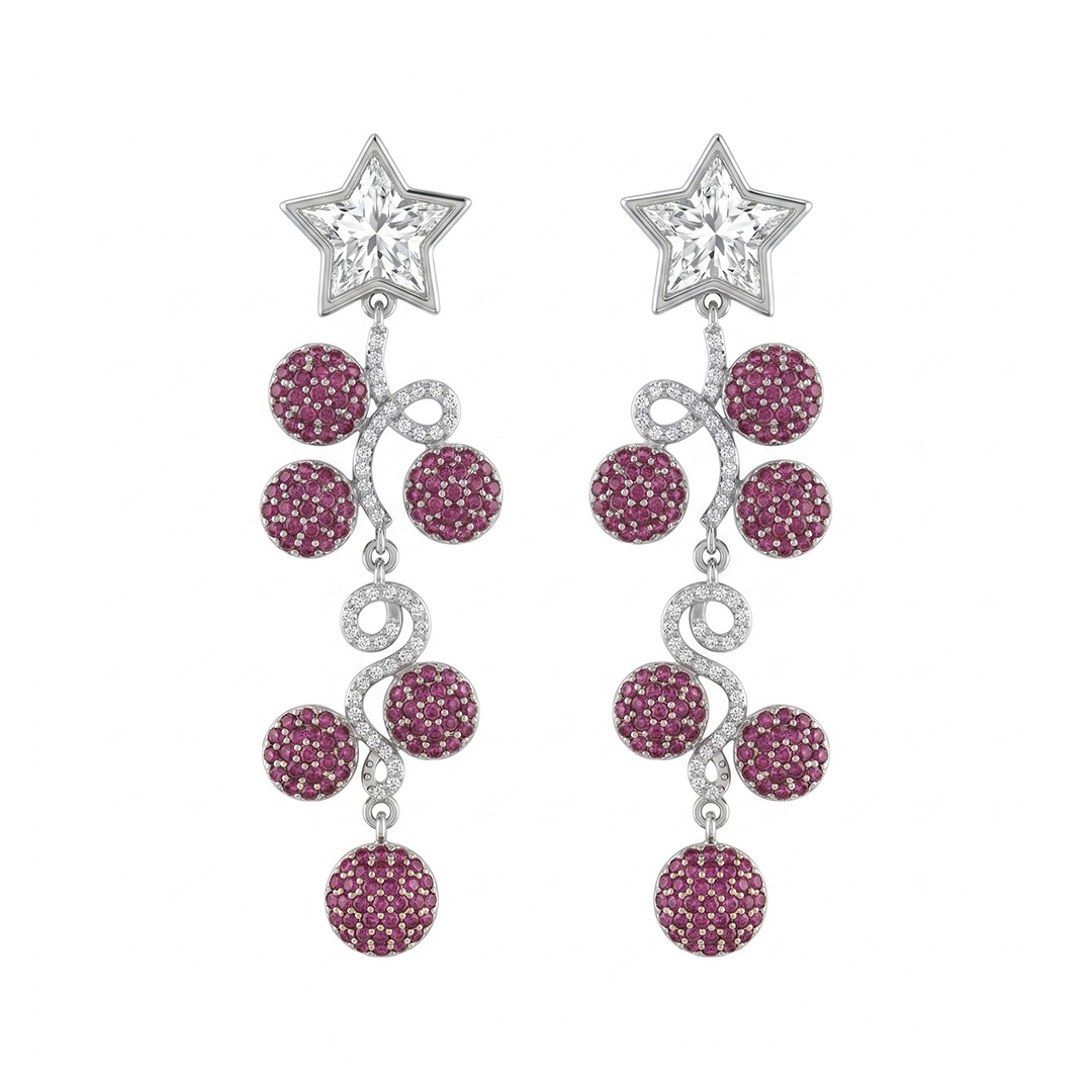 WhatsApp Image 2026-06-15 at 2.41.17 PM Stellar Bloom ruby pavé chandelier drop earrings with star stud tops and swirling diamond vine tendrils on white background