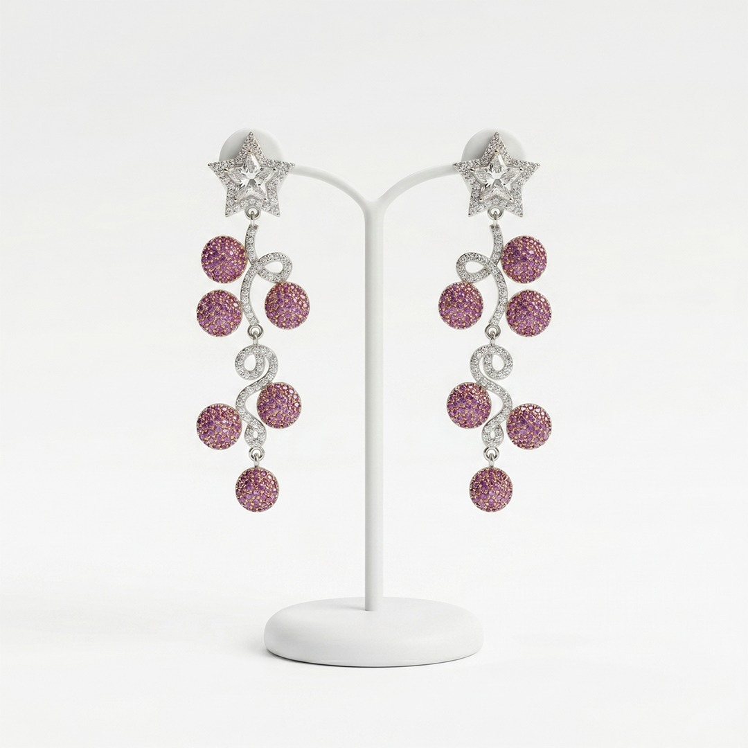 Handcrafted designer statement earrings with botanical vine design, pavé diamonds and round ruby gemstone clusters