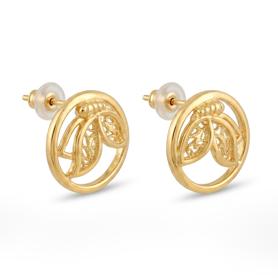 Circular Gold Stud Earrings with Leaf Motif