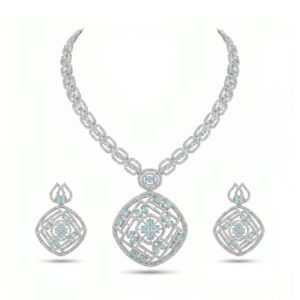 Aqua Radiance designer necklace set with matching earrings featuring sparkling aqua-blue stones